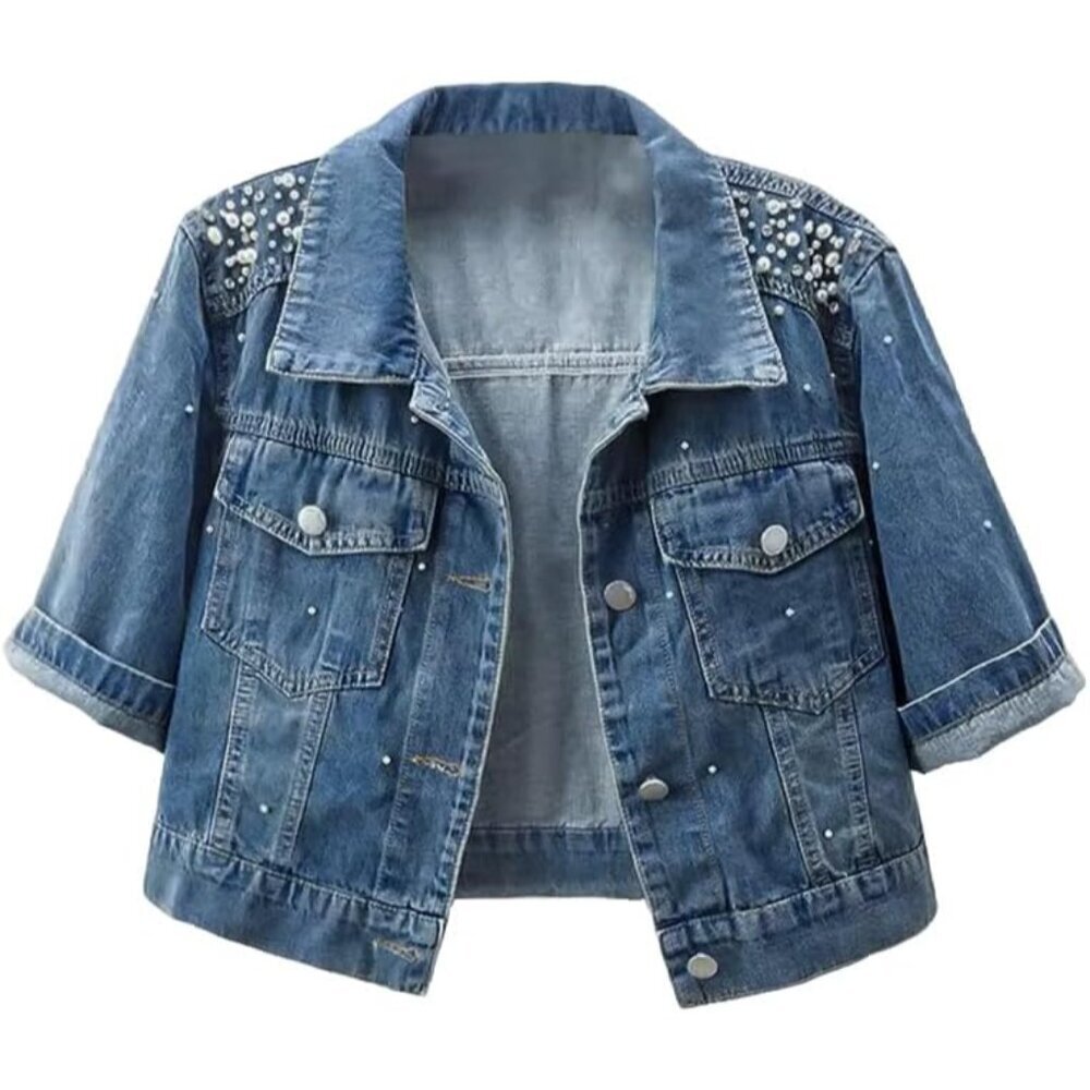 Women's Cotton Blend Cropped Denim Jacket Rhinestones Pearls 3/4 Sleeve